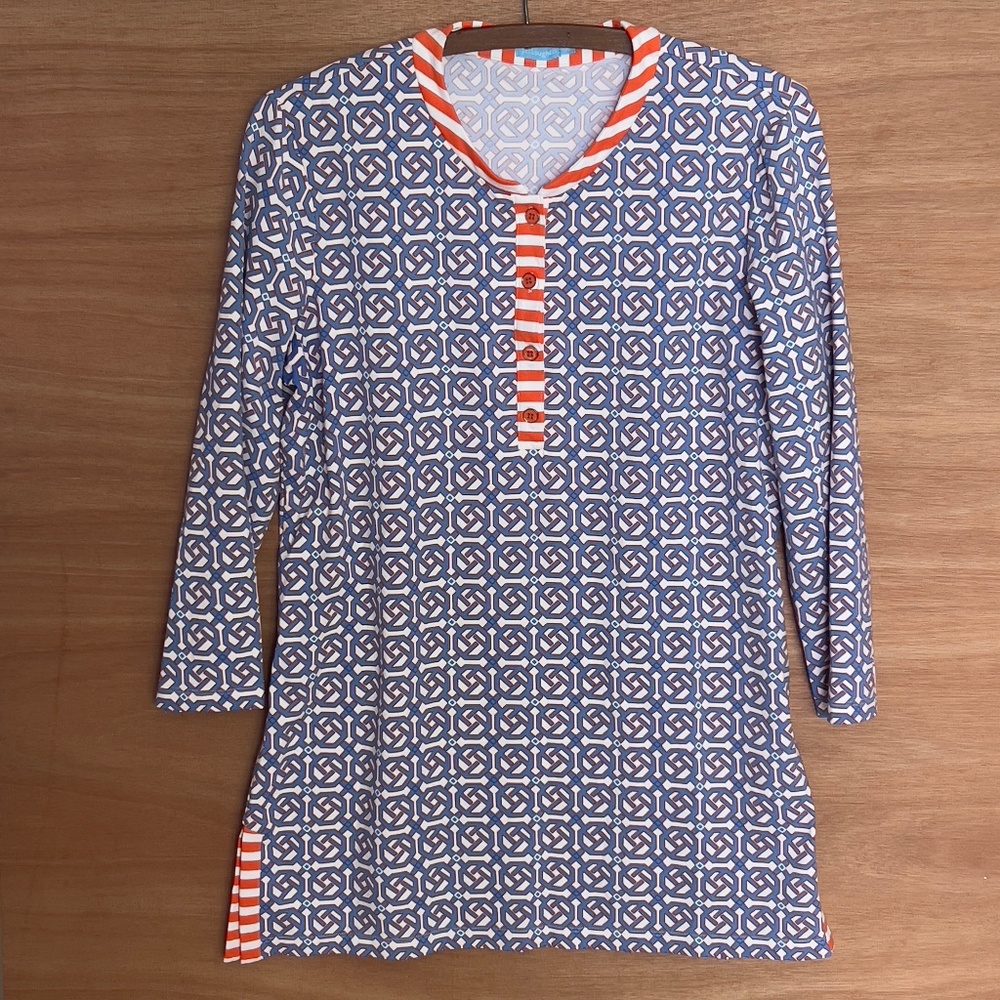 J. McLaughlin Catalina Cloth Tunic Size M Nylon Blue Orange Geometric Buttons.